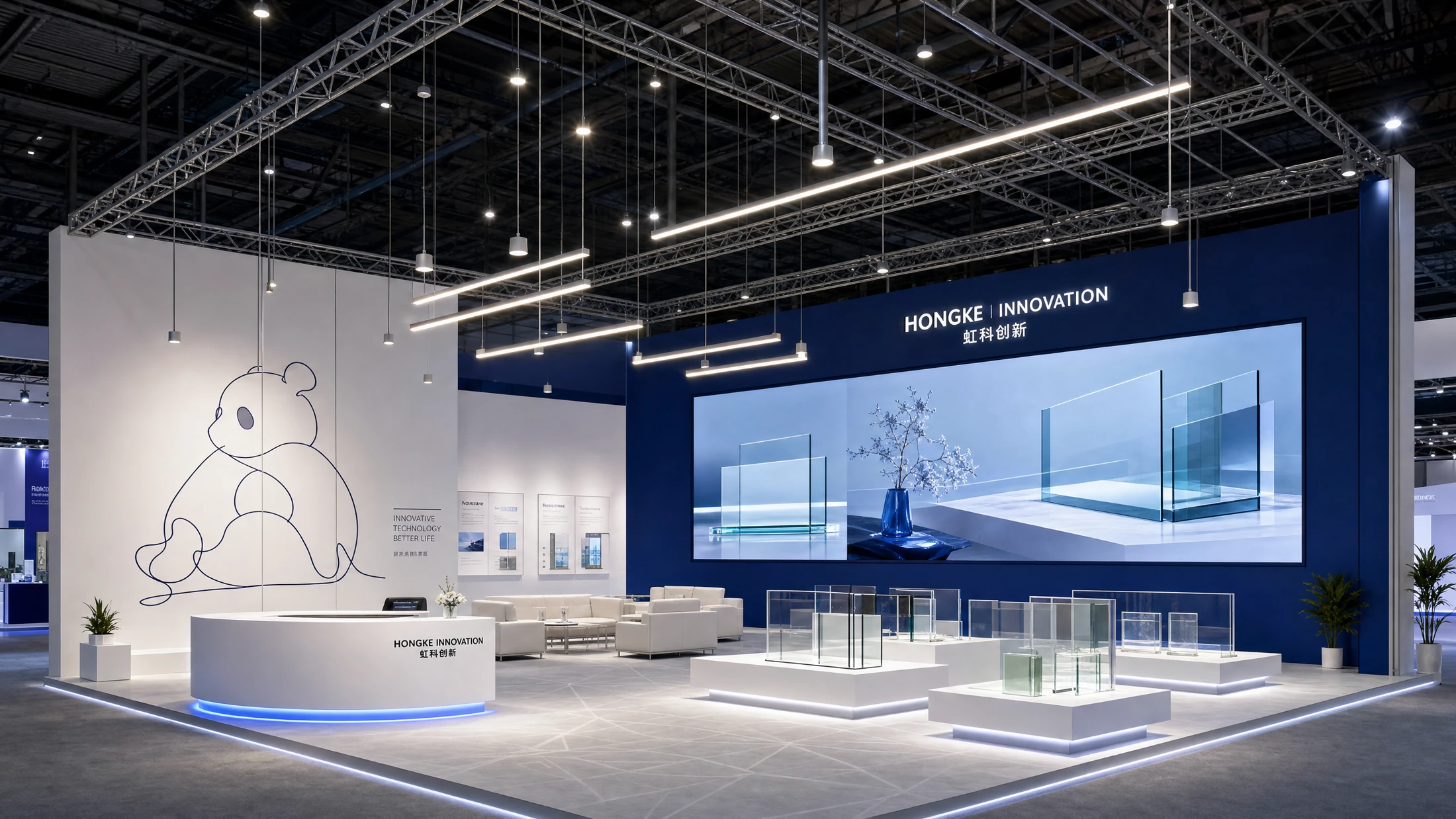 Design visualization of glass product displays, a reception counter and a wide screen